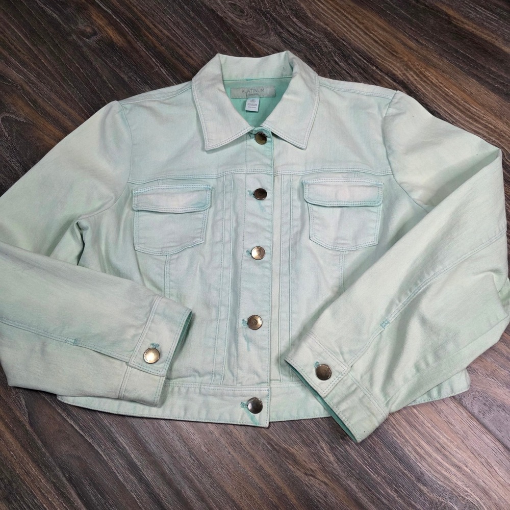 Chicos Platinum Mint Green Denim Jacket Cropped Button Up Size‎ 2